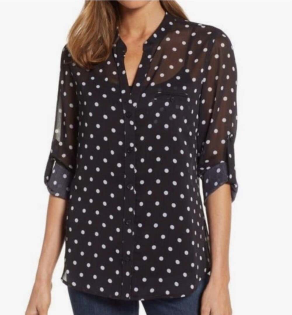 KUT from the Kloth Jasmine Top Sheer Black Polka Dot Button-up Blouse XL